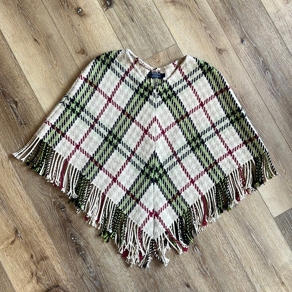 BURBERRY London Cashmere Wool Plaid Fringe Poncho